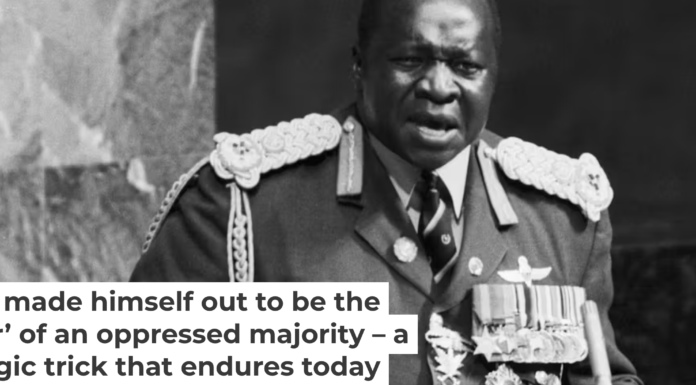 Idi Amin addresses the United Nations General Assembly in 1975. Bettmann/Getty Images